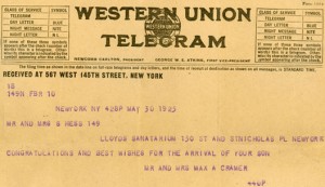 Western Union Telegram Birth Announcement of Sanford Oscar Hess